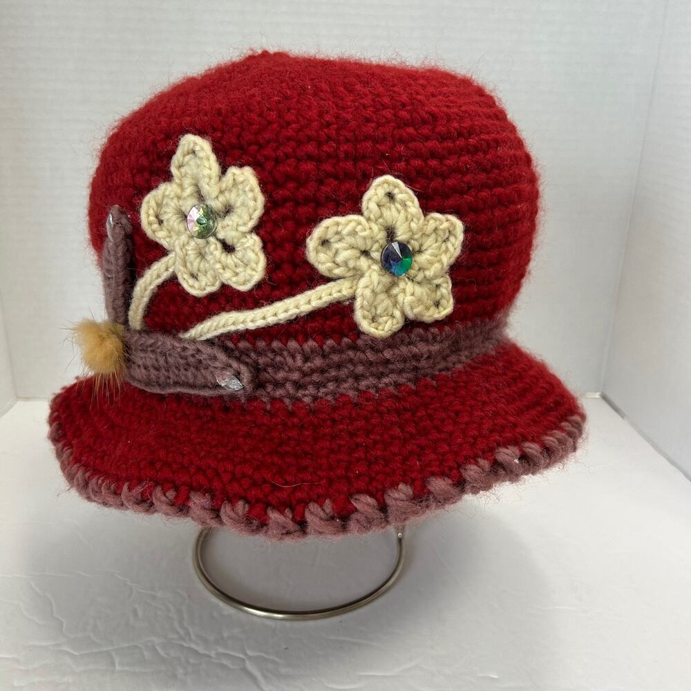 Vintage Crochet Flower Rhinestones Bucket Hat‎  Circumference 23.5"